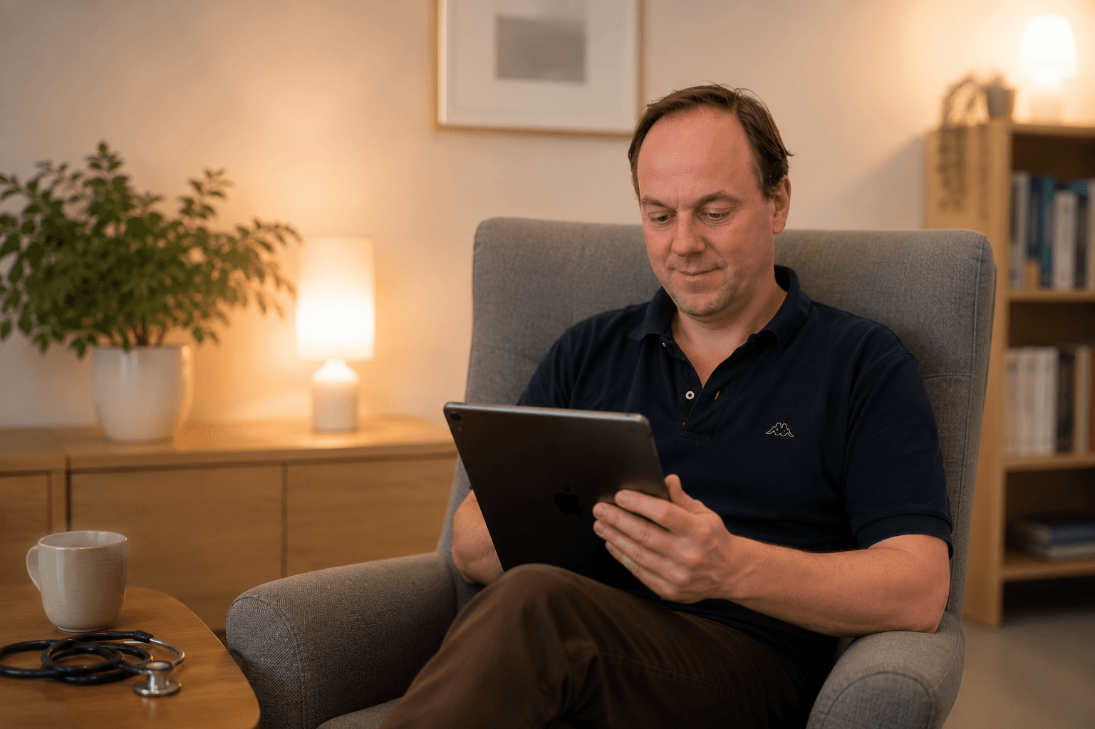 Speciallæge Frederik Liljefred sidder med iPad
